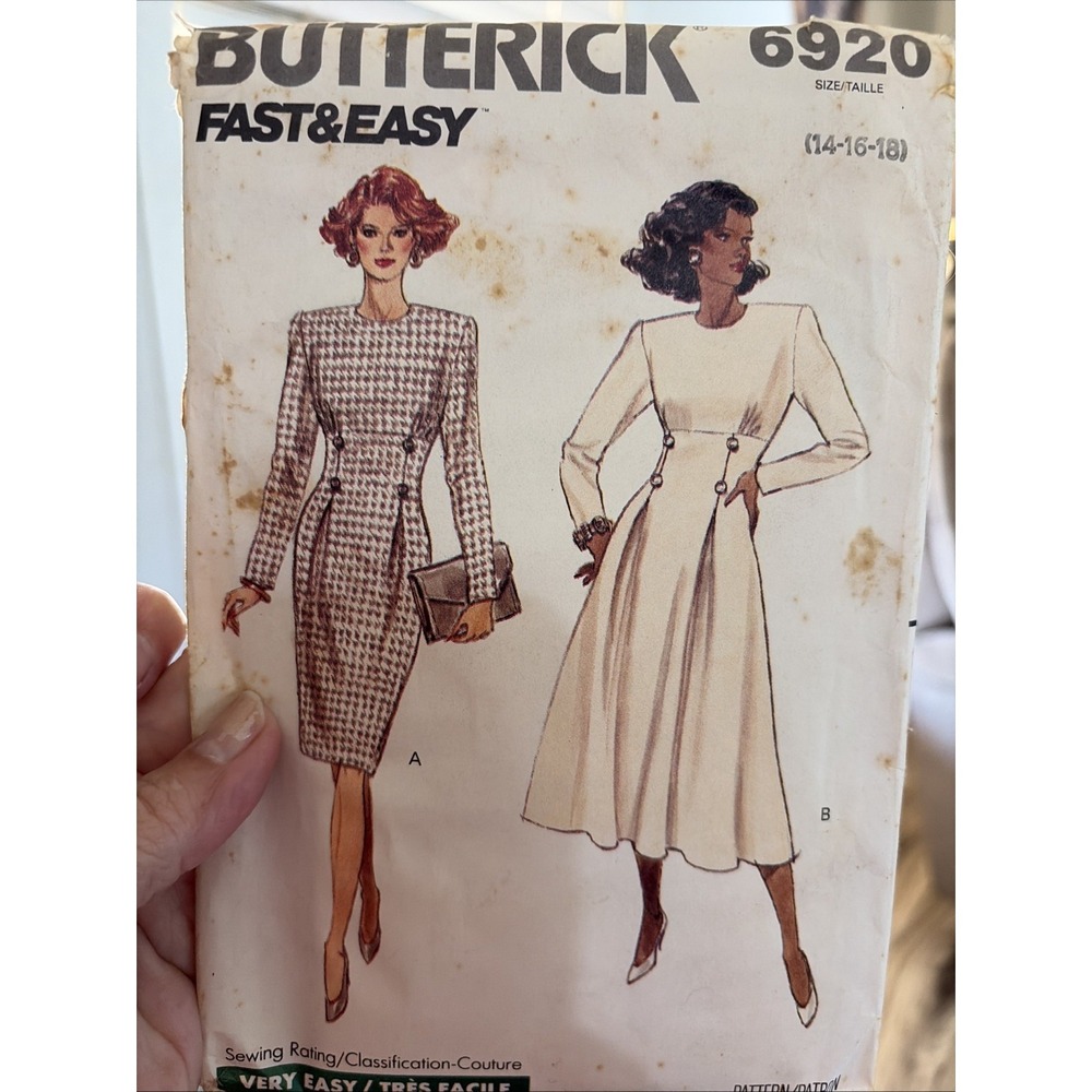 Vintage 1988 Butterick Dress Sewing Pattern 6920 Size 14-18 Uncut Fast & Easy